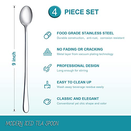 9-Inch Stainless Steel Long Handle Iced Tea and Cocktail Spoons, Set of 4