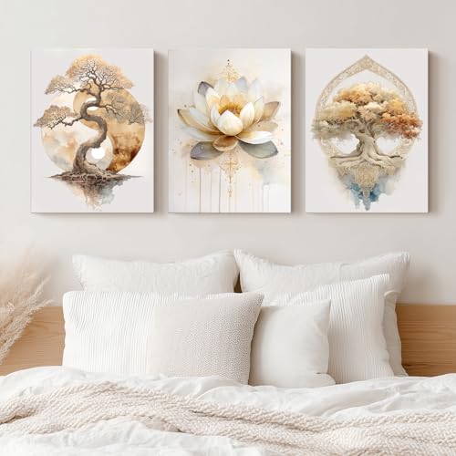 Tree of Life Lotus Yin Yang Canvas Wall Art, 3-Piece Framed Set 12"x16"