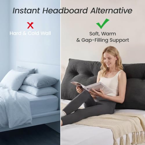 Queen Wedge Headboard Pillow - Dark Grey Backrest Cushion with Side Pockets