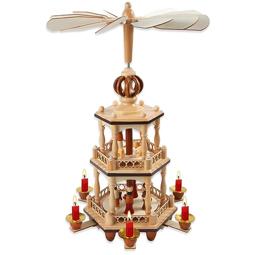 17" Wooden Christmas Pyramid - 3-Tier Nativity Carousel with 6 Candle Holders