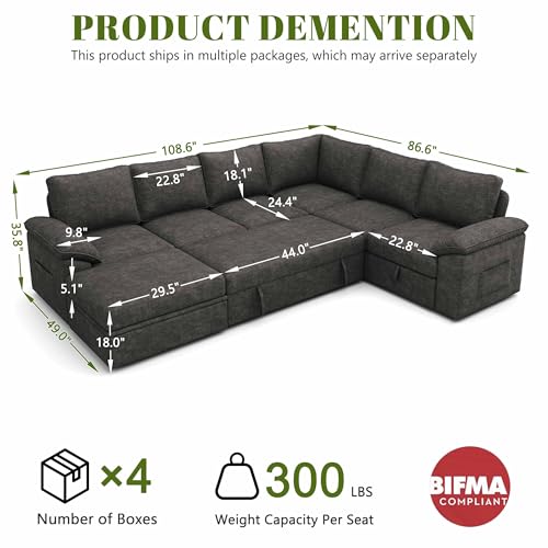 108-Inch U-Shaped Modular Sectional Sofa with Pull-Out Bed and Storage