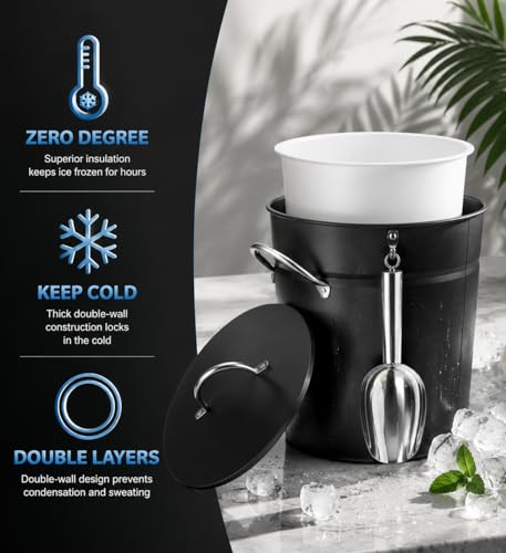 3 Qt Insulated Black Galvanized Ice Bucket with Lid, Scoop & Handles