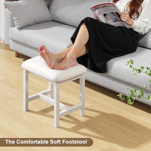White Vanity Stool with Faux Leather Seat, 18-Inch Backless Makeup Chair