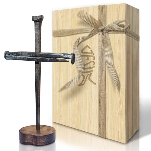 Handcrafted Crucifixion Nail Cross on Wooden Base - Religious Decor
