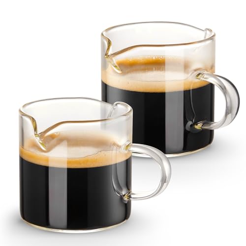 Double Spout Glass Espresso Cups Set of 2, 4 oz Shot Glasses with Handle