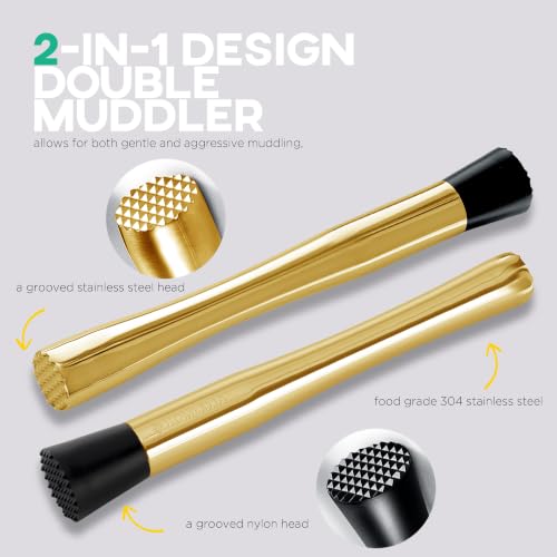 Homestia Gold Double-Sided Cocktail Muddler for Mojitos & Lemonade
