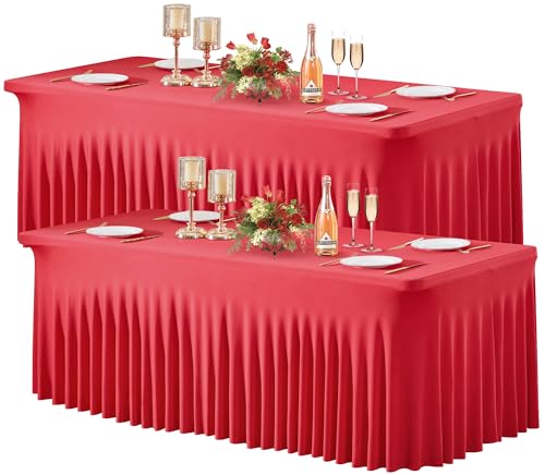 Wish Care 8ft 2-Pack Red Spandex Tablecloths – Fitted Wrinkle-Free Table Covers for 8 Foot Rectangle Tables, Ruffled Edge, Party & Wedding