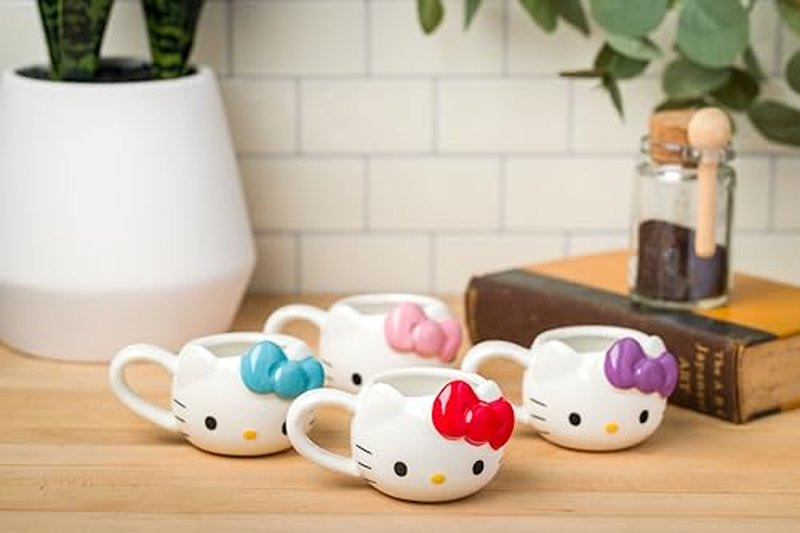 Silver Buffalo Sanrio Hello Kitty Different Color Bows 4 Pack 3D Sculpted Ceramic Mini Mug Set, Perfect as a Sugar, Cream, or Milk Set