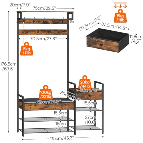 HOOBRO Rustic Brown & Black 5-in-1 Hall Tree with Bench & Shoe Storage