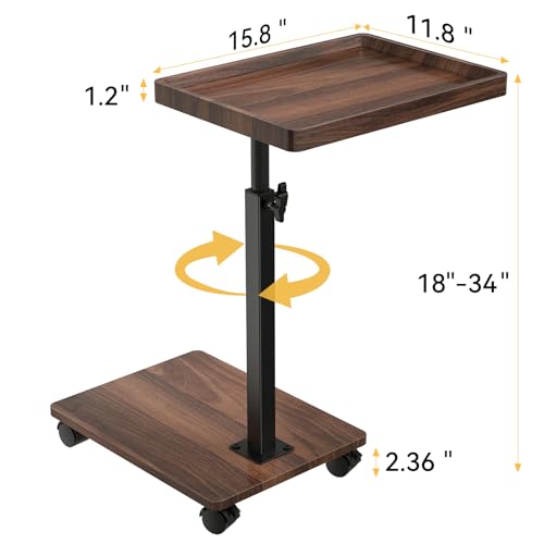 Adjustable C-Shaped End Table - Rolling 360° Swivel TV Tray, Walnut