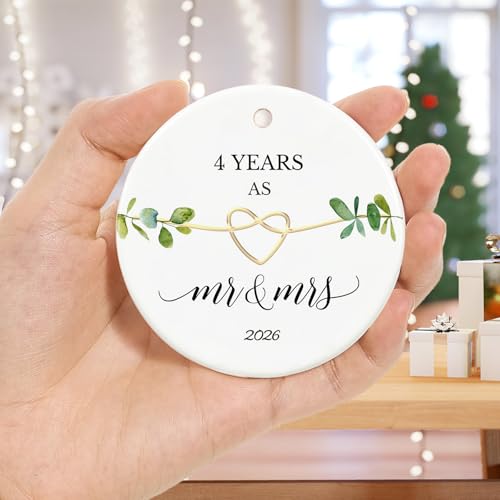 4th Anniversary Ornament - 2.9" White Ceramic Hanging Ornament for 4 Year Anniversary