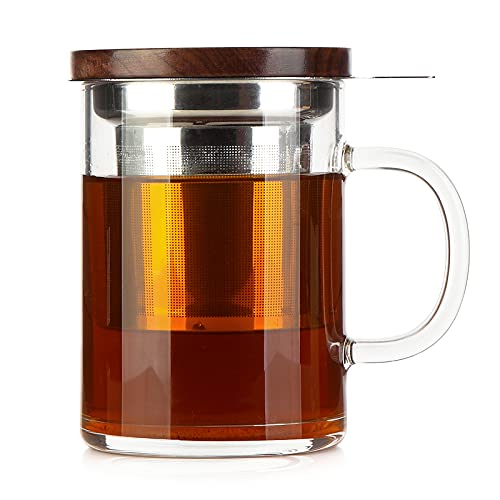 COMI 14oz Glass Tea Cup with Walnut Lid & Handle - Large Capacity Infuser Mug for Loose Leaf Tea (Variation 1)