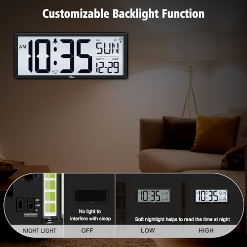 14.5-Inch Atomic Digital Wall Clock with Backlight, Temperature and Date