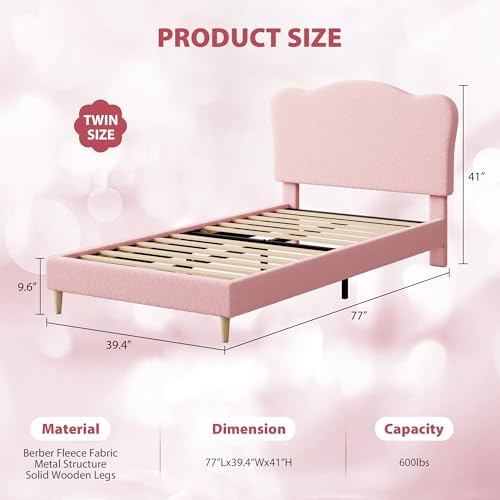 Twin Upholstered Platform Bed Frame with Scallop Headboard, Pink Berber Fleece