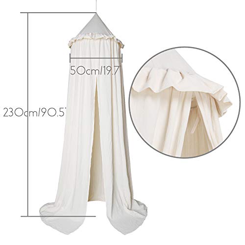 Kids Soft Cotton Bed Canopy with Frills - Hanging Reading Nook Tent (Beige)