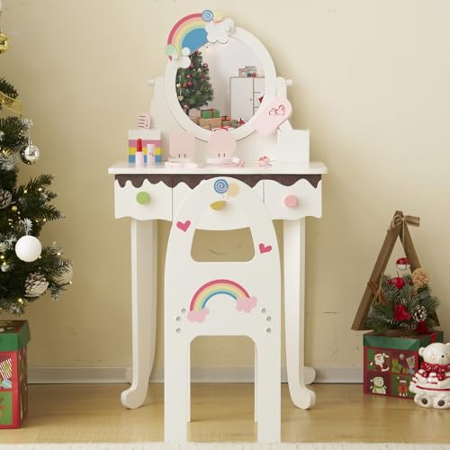Kids Vanity Table Set with Stool and 7 Makeup Accessories, Rainbow Design