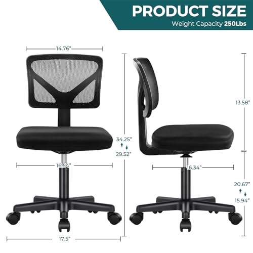 Armless Mesh Office Chair, Ergonomic Adjustable Rolling Computer Desk Chair