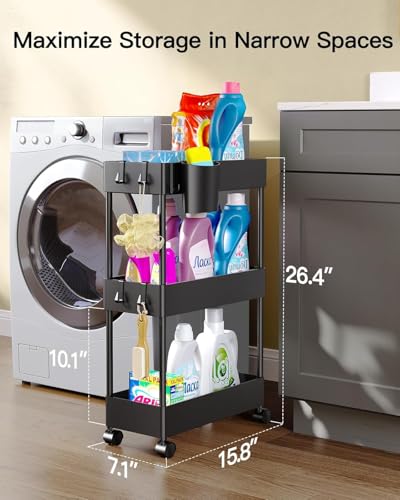 3-Tier Slim Rolling Storage Cart with Wheels & Hooks for Narrow Spaces, Black