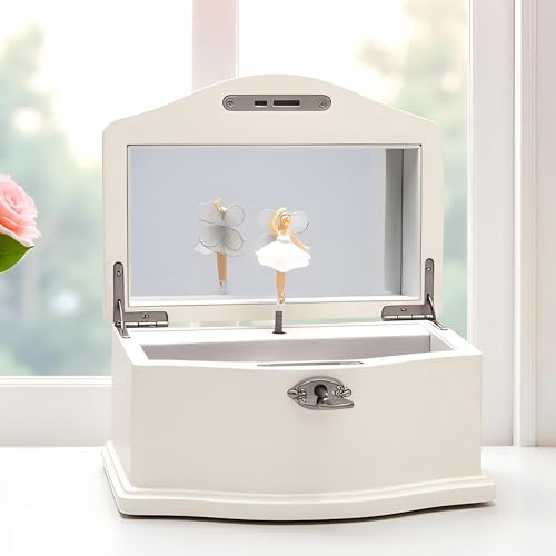 White Wooden Musical Jewelry Box with Spinning Ballerina and Mirror