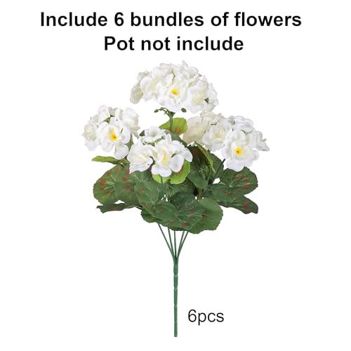 Artificial White Silk Geranium Flowers - UV Resistant Faux Plants (6 Bundles)