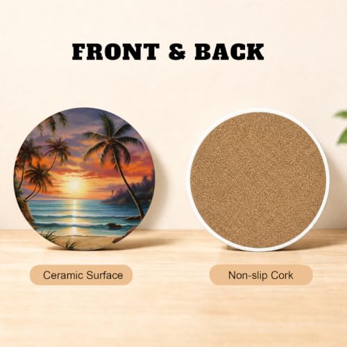 Yeahhhlife Beach Sunset Coaster Set of 4 - Absorbent Ceramic Round Coasters with Cork Backing