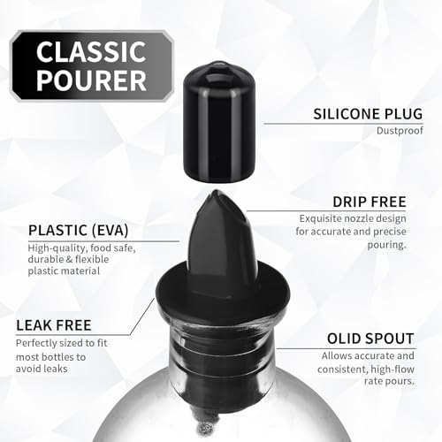 Eispap Black Plastic Bottle Pourers with Rubber Dust Caps - 4 Pack for Oil & Liquor