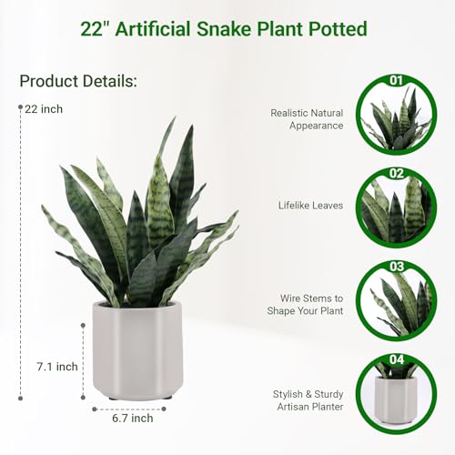 22" Tall Fake Snake Plant - Realistic Touch Leaves, Potted Decor