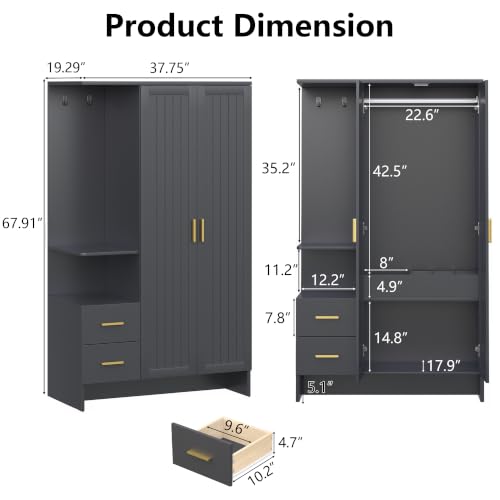 Modern Freestanding Wardrobe Closet with 2 Doors, 2 Drawers & Open Shelves