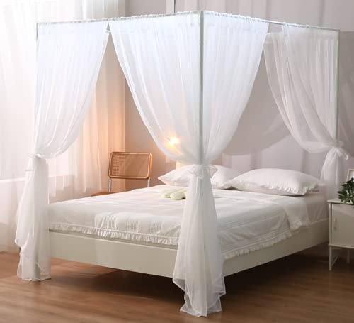 Soft Sheer White Chiffon Canopy Bed Curtain Set for Queen Size Bed