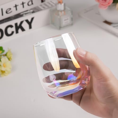 SHOWLOUE Short Drinking Glasses Set of 6, 12.2 fl oz Iridescent Crystal Tumblers
