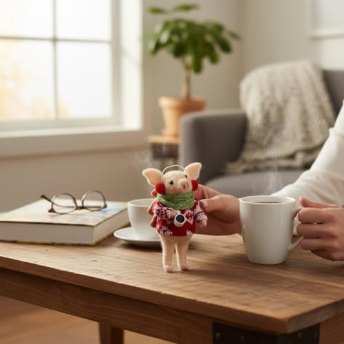 Pig Christmas Ornament – Felted Wool Coffee Sweater Figurine, 5-inch