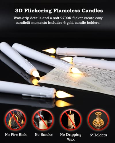 Rechargeable Flameless Taper Candles with Remote & Gold Holders - 6 Pack