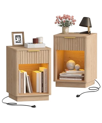 Fluted Nightstand Set with Charging Station and LED Light, 2-Piece