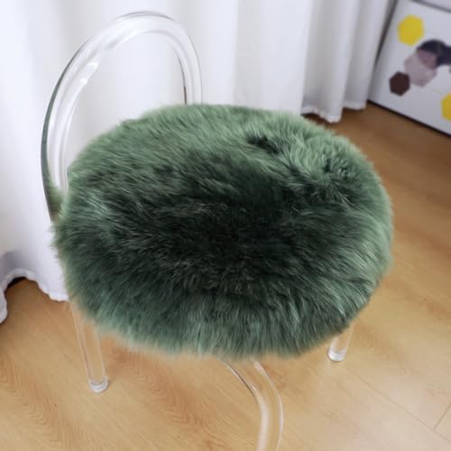 IRIWOOL Military Green Round Sheepskin Chair Cover 16.5" Soft Fur Seat Cushion