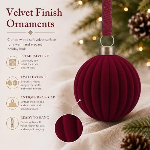 Pinkunn 24 pcs Burgundy Velvet Christmas Ornaments 2.36 Inch - Elegant Holiday Decor Set