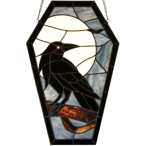 Bieye Gothic Raven Stained Glass Window Panel - Halloween Sun Catcher, Coffin Shape, 16 Inches