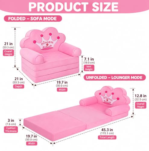 MOONBEEKI Kids Foldable Princess Couch - Toddler Sofa & Play Seat, Pink