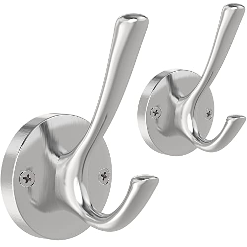 Brushed Nickel Double Wall Hooks - Heavy Duty Coat and Towel Hooks (2 Pack)
