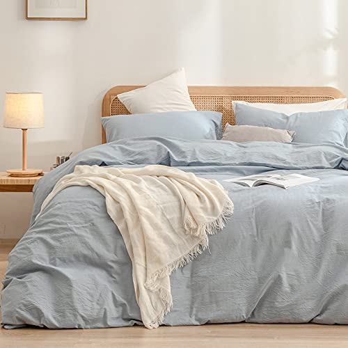 100% Washed Cotton Duvet Cover Set - Queen, Cornflower Blue (3-Piece)