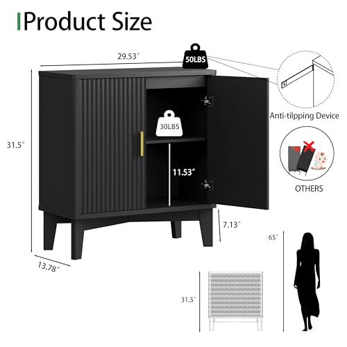 30-Inch Fluted Sideboard Buffet Cabinet with Adjustable Shelves, Black