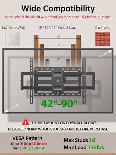 USX Mount Full Motion TV Wall Mount for 42-90 Inch TVs, Dual Swivel Articulating Bracket
