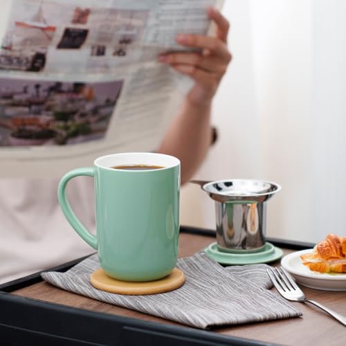 Mint Green Porcelain Tea Mug with Infuser, Lid & Coaster – 16oz