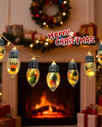 Vintage Christmas Snow Globe String Lights 6.8Ft Battery Operated 10 LED with 8 Modes & Timer - Christmas Elements with Christmas Tree