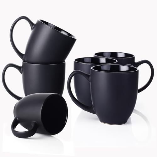 DOWAN Matte Black 16 oz Coffee Mug Set of 6 - Large Ceramic Cups for Hot Drinks