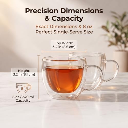 10 oz Double Walled Glass Coffee Mugs Set of 2 - Insulated Hand Blown Clear Cups for Espresso, Latte, Tea, and More