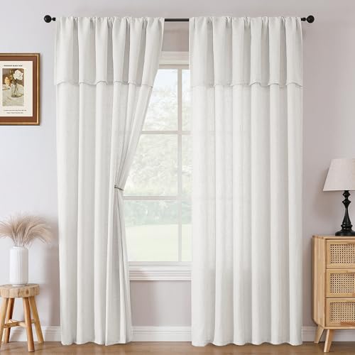 H.VERSAILTEX Linen Curtains with Valance 108 Inch Length for Living Room Boho Window Curtain, Drapes 2 Panels Set for Farmhouse Treatments Rod Pocket/Ring Top for Bedroom 52 x 108 Inch, Natural White