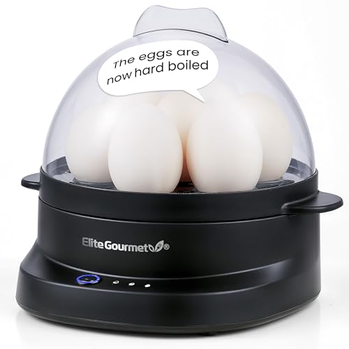 Elite Gourmet EGC587 EGGSYNC¢â Voice Alerts Easy Egg Cooker, 7-Egg Capacity, Soft, Medium, Hard-Boiled Settings, Measuring Cup with Piercing Pin, Auto Shut-Off, BPA-Free