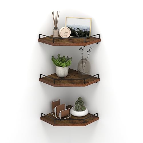 3-Pack Rustic Floating Corner Wall Shelves with Fence, Brown Wood Finish