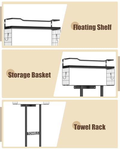 Wall Mounted Bathroom Towel Rack with Wood Floating Shelf, 31-Inch