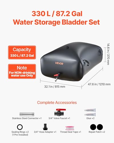 87.2 Gal Collapsible Water Storage Bladder, Wear-Resistant PVC Tank